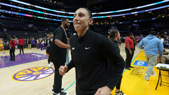 Sep 17, 2024; Los Angeles, California, USA; Phoenix Mercury guard Diana Taurasi (3) reacts after the game against the LA Sparks at Crypto.com Arena. Mandatory Credit: Kirby Lee-Imagn Images Sep 17, 2024; Los Angeles, California, USA; Phoenix Mercury guard Diana Taurasi (3) reacts after the game against the LA Sparks at Crypto.com Arena. Mandatory Credit: Kirby Lee-Imagn Images