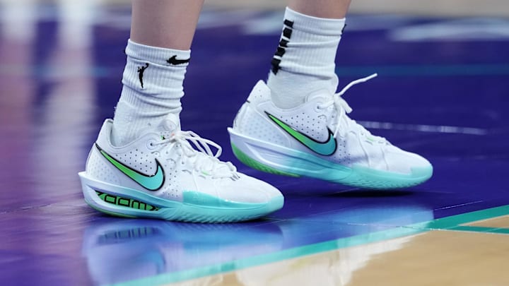 Aug 20, 2025; Los Angeles, California, USA; A detailed view of the Nike G.T. 3 Cut 3 shoes worn by Dallas Wings guard Paige Bueckers (5) against the LA Sparks in the first half at Crypto.com Arena. Mandatory Credit: Kirby Lee-Imagn Images
