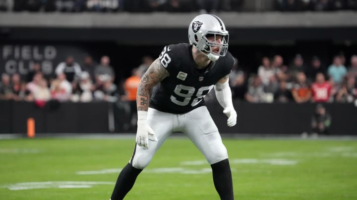 Nov 26, 2023; Paradise, Nevada, USA; Las Vegas Raiders defensive end Maxx Crosby (98) looks on in the first half against the Kansas City Chiefs at Allegiant Stadium. Mandatory Credit: Kirby Lee-USA TODAY Sports