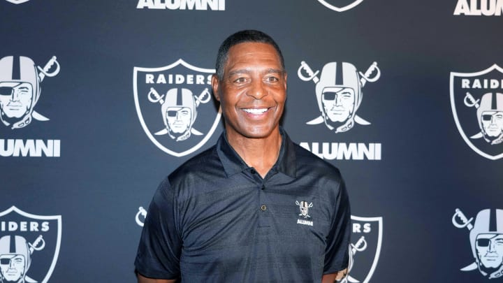 Aug 13, 2023; Paradise, Nevada, USA; Marcus Allen poses on the silver carpet during the Raiders Alumni Reunion at Allegiant Stadium. Mandatory Credit: Kirby Lee-USA TODAY Sports