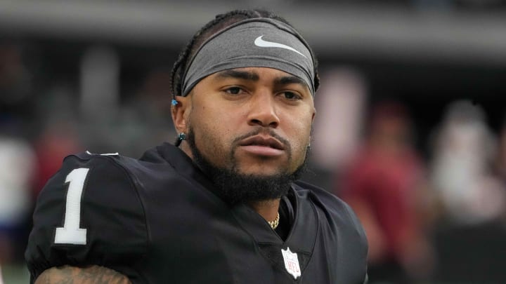 Dec 5, 2021; Paradise, Nevada, USA; Las Vegas Raiders wide receiver DeSean Jackson (1) reacts against the Washington Football Team in the first half at Allegiant Stadium. Mandatory Credit: Kirby Lee-USA TODAY Sports