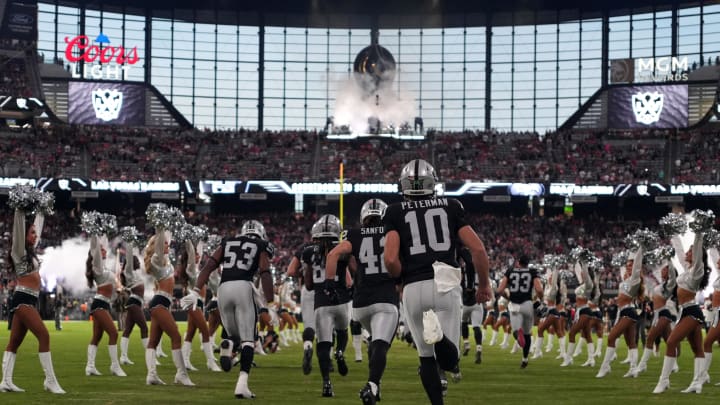 Aug 23, 2024; Paradise, Nevada, USA;Las Vegas Raiders quarterback Nathan Peterman (10) enters the field before the game against the San Francisco 49ers at Allegiant Stadium. Mandatory Credit: Kirby Lee-USA TODAY Sports