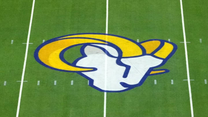 Dec 25, 2022; Inglewood, California, USA; The Los Angeles Rams logo at midfield at SoFi Stadium. Mandatory Credit: Kirby Lee-USA TODAY Sports