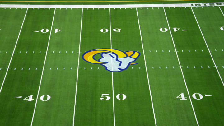 Oct 16, 2022; Inglewood, California, USA; The Los Angeles Rams logo at midfield before the game against the Carolina Panthers at SoFi Stadium. Mandatory Credit: Kirby Lee-USA TODAY Sports