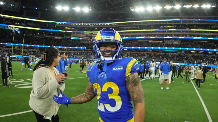 Dec 21, 2023; Inglewood, California, USA; Los Angeles Rams running back Kyren Williams (23) leaves the field after the game against the New Orleans Saints in the second half at SoFi Stadium. Mandatory Credit: Kirby Lee-USA TODAY Sports