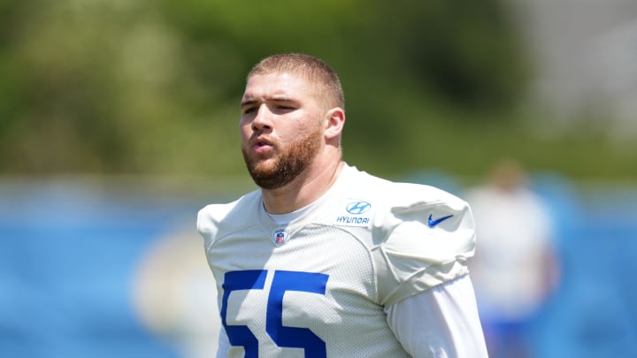 May 21, 2024, Thousand Oaks, California, USA; Los Angeles Rams defensive tackle Braden Fiske (55) during organized team activities at Cal Lutheran University. Mandatory Credit: Kirby Lee-USA TODAY Sports