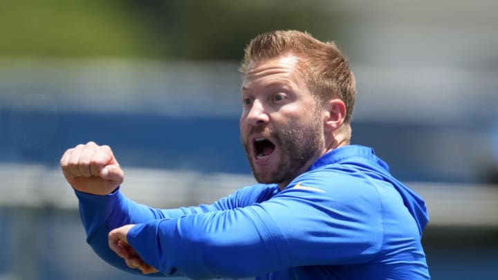 May 21, 2024, Thousand Oaks, California, USA; Los Angeles Rams coach Sean McVay reacts during organized team activities at Cal Lutheran University. Mandatory Credit: Kirby Lee-USA TODAY Sports