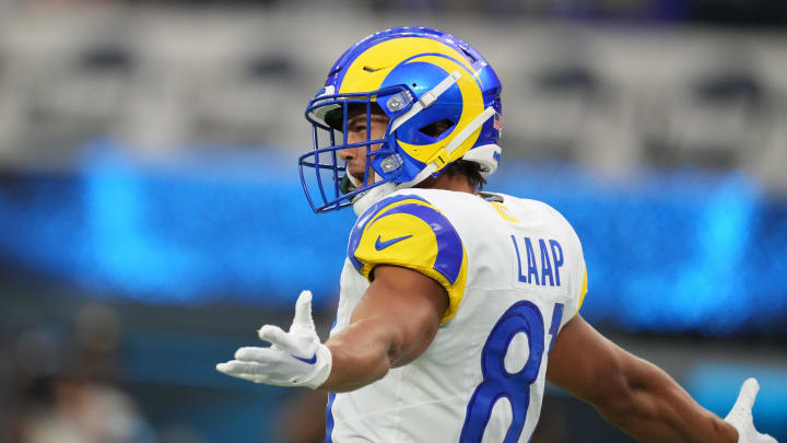 Aug 17, 2024; Inglewood, California, USA; Los Angeles Rams wide receiver JJ Laap (81) celebrates after a touchdown against the Los Angeles Chargers in the second half at SoFi Stadium. Mandatory Credit: Kirby Lee-USA TODAY Sports