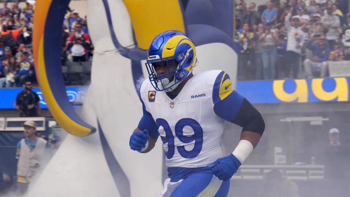 Dec 3, 2023; Inglewood, California, USA; Los Angeles Rams defensive tackle Aaron Donald (99) enters the field before the game against the Cleveland Browns at SoFi Stadium. Mandatory Credit: Kirby Lee-USA TODAY Sports