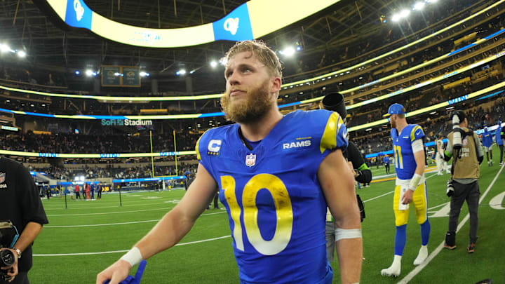 Dec 21, 2023; Inglewood, California, USA; Los Angeles Rams wide receiver Cooper Kupp (10) leaves the field after the game against the New Orleans Saints at SoFi Stadium. Mandatory Credit: Kirby Lee-Imagn Images