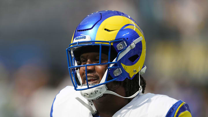 Aug 17, 2024; Inglewood, California, USA; Los Angeles Rams guard Kevin Dotson (69) during the game against the Los Angeles Chargers SoFi Stadium. Mandatory Credit: Kirby Lee-Imagn Images