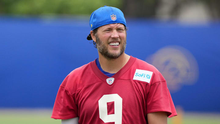 Jun 3, 2025; Woodland Hills, CA, USA; Los Angeles Rams quarterback Matthew Stafford (9) during organized team activities at Rams Practice Facility. Mandatory Credit: Kirby Lee-Imagn Images