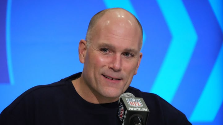 Feb 27, 2024; Indianapolis, IN, USA; Baltimore Ravens general manager Eric DeCosta speaks during a press conference during the NFL Scouting Combine at Indiana Convention Center. Mandatory Credit: Kirby Lee-USA TODAY Sports