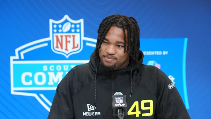 Feb 27, 2025; Indianapolis, IN, USA; Marshall defensive lineman Mike Green (DL49) during the 2025 NFL Scouting Combine at the Indiana Convention Center. Mandatory Credit: Kirby Lee-Imagn Images
