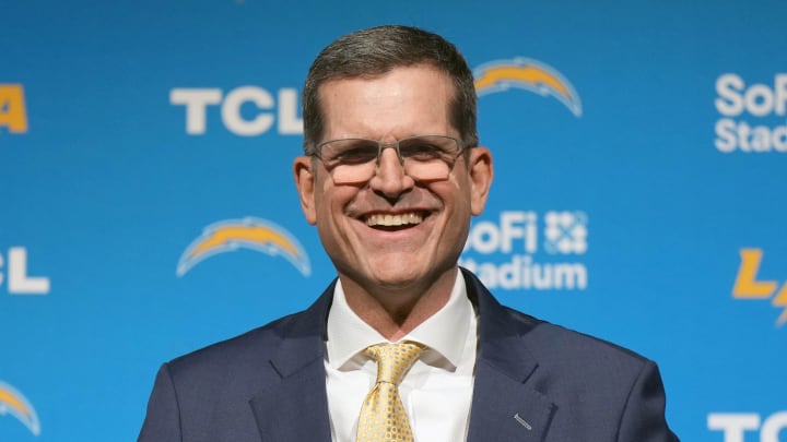 Feb 1, 2024; Inglewood, CA, USA; Los Angeles Chargers coach Jim Harbaugh speaks at an introductory