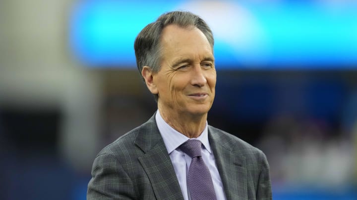 Dec 23, 2023; Inglewood, California, USA; NBC Sports Sunday Night Football analyst Cris Collinsworth during the game between the Los Angeles Chargers and the Buffalo Bills at SoFi Stadium. Mandatory Credit: Kirby Lee-USA TODAY Sports