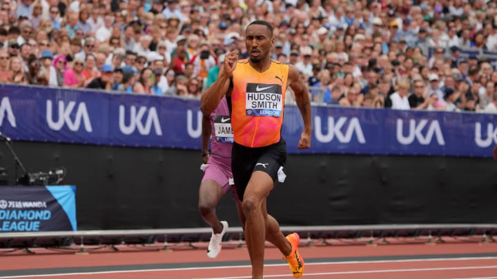 Jul 20, 2024; London, United Kingdom; Matthew Hudson-Smith (GBR) wins the 400m in a meet and national record 43.74 during the London Athletics Meet at London Stadium. Mandatory Credit: Kirby Lee-USA TODAY Sports