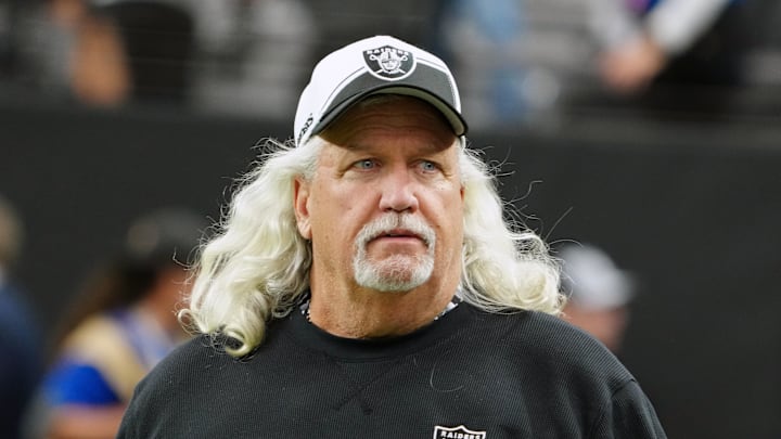 Las Vegas Raiders senior defensive assistant coach Rob Ryan watches the game against the Kansas City Chiefs Allegiant Stadium. Las Vegas Raiders senior defensive assistant coach Rob Ryan watches the game against the Kansas City Chiefs Allegiant Stadium.