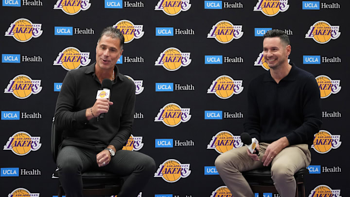 Los Angeles Lakers general manager Rob Pelinka (left) and coach JJ Redick.