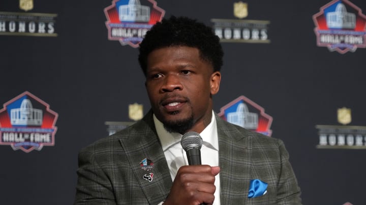 Feb 8, 2024; Las Vegas, NV, USA; Andre Johnson during the Pro Football Hall of Fame Class of 2024 press conference at the Resorts World Theatre. Mandatory Credit: Kirby Lee-USA TODAY Sports