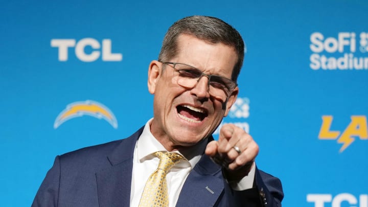 Feb 1, 2024; Inglewood, CA, USA; Los Angeles Chargers coach Jim Harbaugh speaks at an introductory press conference at YouTube Theater at SoFi Stadium. Mandatory Credit: Kirby Lee-USA TODAY Sports