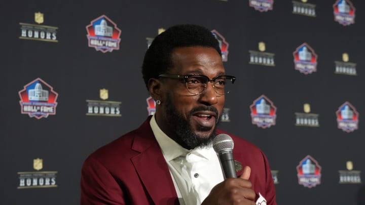 Feb 8, 2024; Las Vegas, NV, USA; Patrick Willis during the Pro Football Hall of Fame Class of 2024 press conference at the Resorts World Theatre. Mandatory Credit: Kirby Lee-USA TODAY Sports