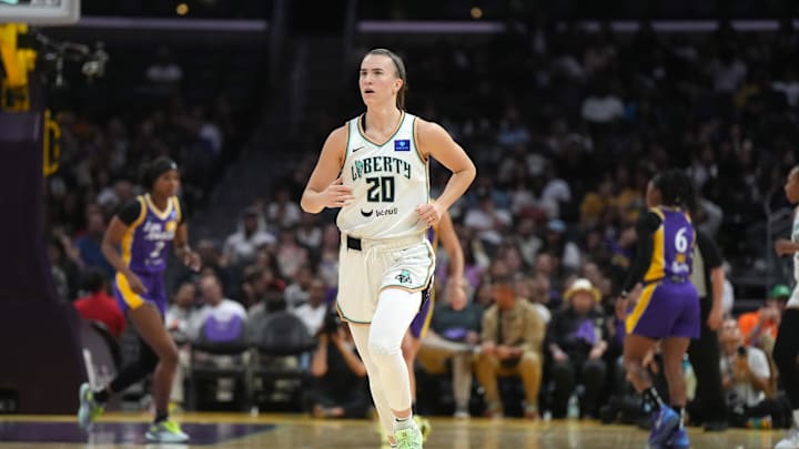 Aug 28, 2024; Los Angeles, California, USA; New York Liberty guard Sabrina Ionescu.