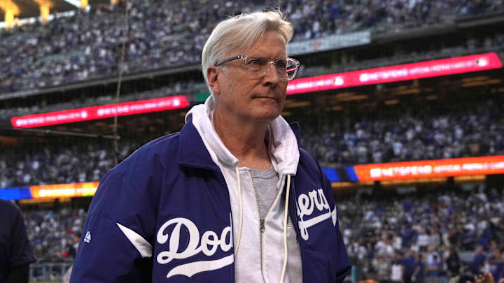 Los Angeles Dodgers chairman and controlling owner Mark Walter watches during the 2021 NLCS against the Atlanta Braves.
