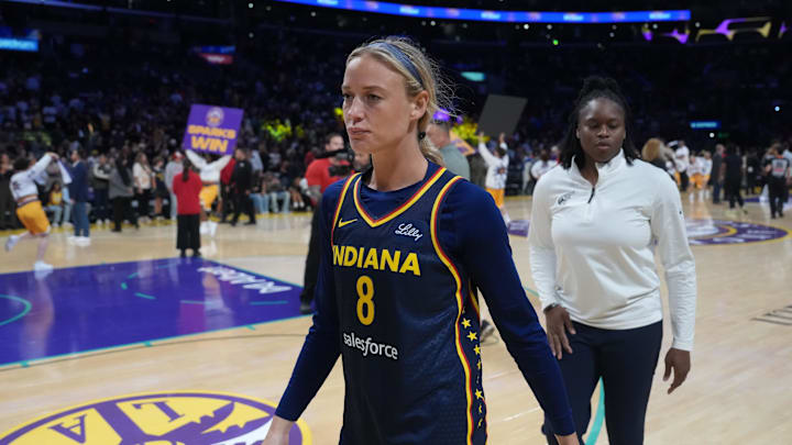 Indiana Fever guard Sophie Cunningham leaves the court after the game against the LA Sparks. Indiana Fever guard Sophie Cunningham leaves the court after the game against the LA Sparks.