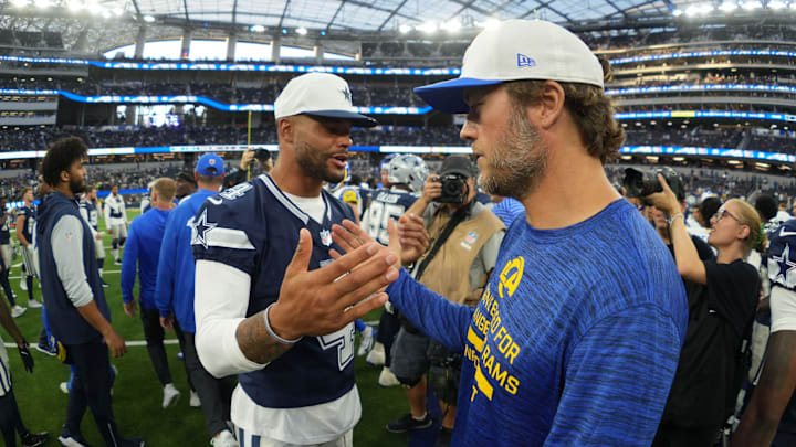 Dallas Cowboys quarterback Dak Prescott shakes hands with Los Angeles Rams quarterback Matthew Stafford after the game Dallas Cowboys quarterback Dak Prescott shakes hands with Los Angeles Rams quarterback Matthew Stafford after the game