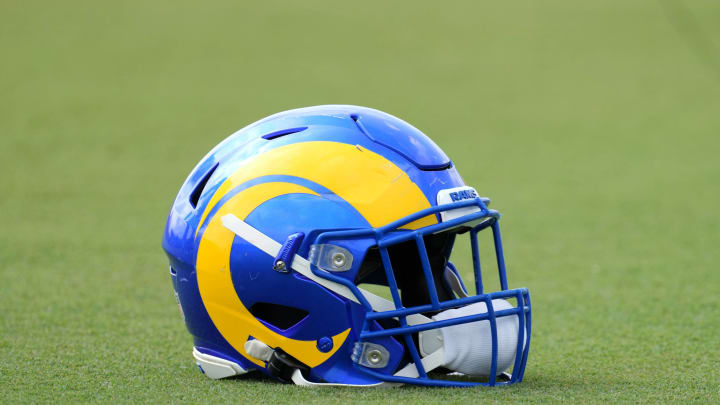 Aug 19, 2021; Thousand Oaks, CA, USA; A detailed view of a Los Angeles Rams helmet during a joint practice against the Las Vegas Raiders. Mandatory Credit: Kirby Lee-USA TODAY Sports