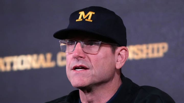 Jan 9, 2024; Houston, TX, USA; Michigan Wolverines coach Jim Harbaugh during College Football National Championship press conference at JW Marriot Houston by the Galleria. Mandatory Credit: Kirby Lee-USA TODAY Sports