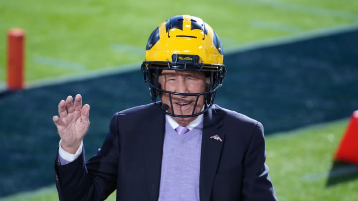 Jan 1, 2024; Pasadena, CA, USA; Lee Corso wears a Michigan Wolverines helmet on the ESPN College Gameday set at the 2024 Rose Bowl college football playoff semifinal game at Rose Bowl. Mandatory Credit: Kirby Lee-USA TODAY Sports