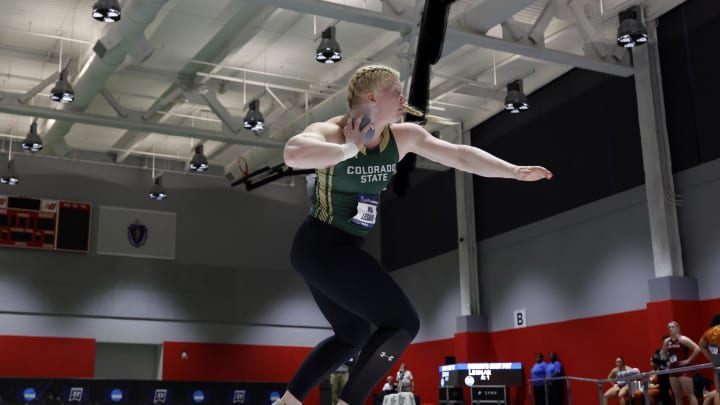 Mar 9, 2024; Boston, MA, USA; Mya Lesnar of Colorado State wins the women's shot put at 60-9 1/2 (18.53m)  during the NCAA Indoor Track and Field Championships at The Track at New Balance. Mandatory Credit: Kirby Lee-USA TODAY Sports