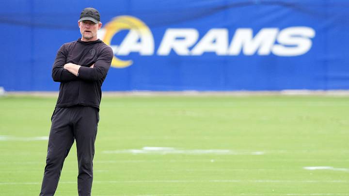 May 28, 2025; Woodland Hills, CA, USA; Los Angeles Rams general manager Les Snead reacts during organized team activities at Rams Practice Facility. Mandatory Credit: Kirby Lee-Imagn Images