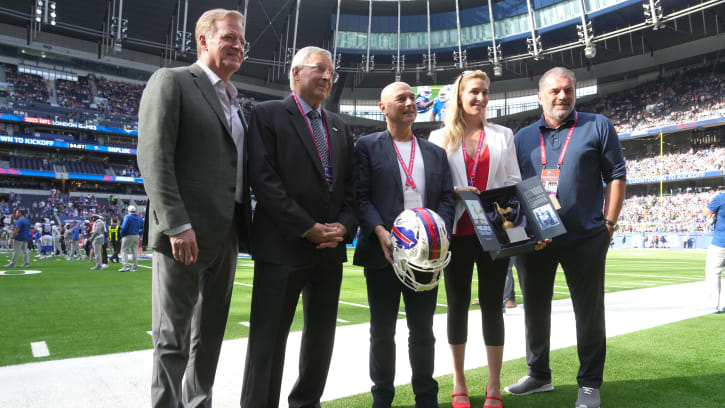 Oct 8, 2023; London United Kingdom; From left: NFL commissioner Roger Goodell, Buffalo Bills owner