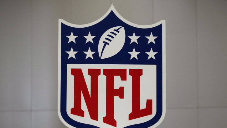 Feb 5, 2024; Las Vegas, NV, USA; A NFL shield logo at the Super Bowl 58 media center at the Mandalay