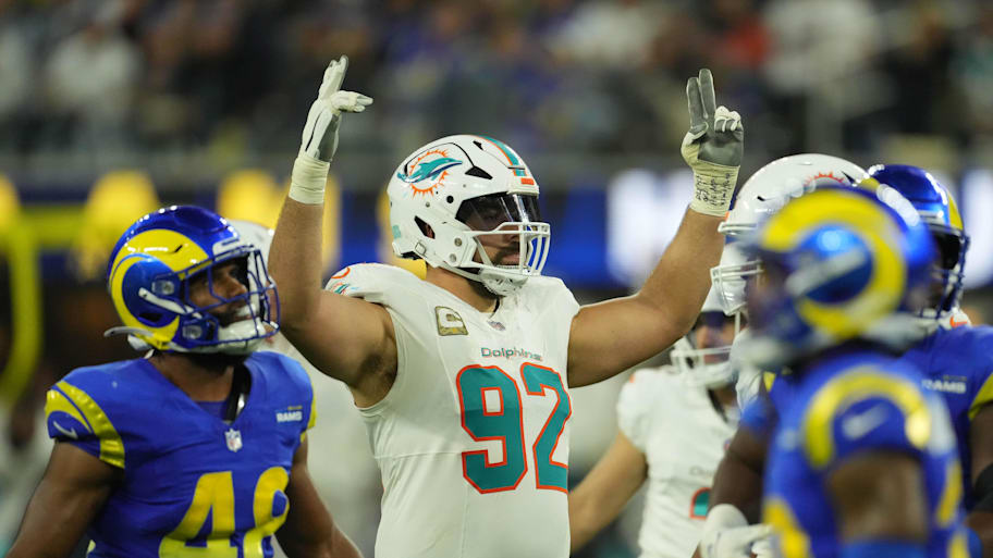 Miami Dolphins defensive tackle Zach Sieler (92) celebrates in the second half against the Los Angeles Rams at SoFi Stadium.  | Kirby Lee-Imagn Images