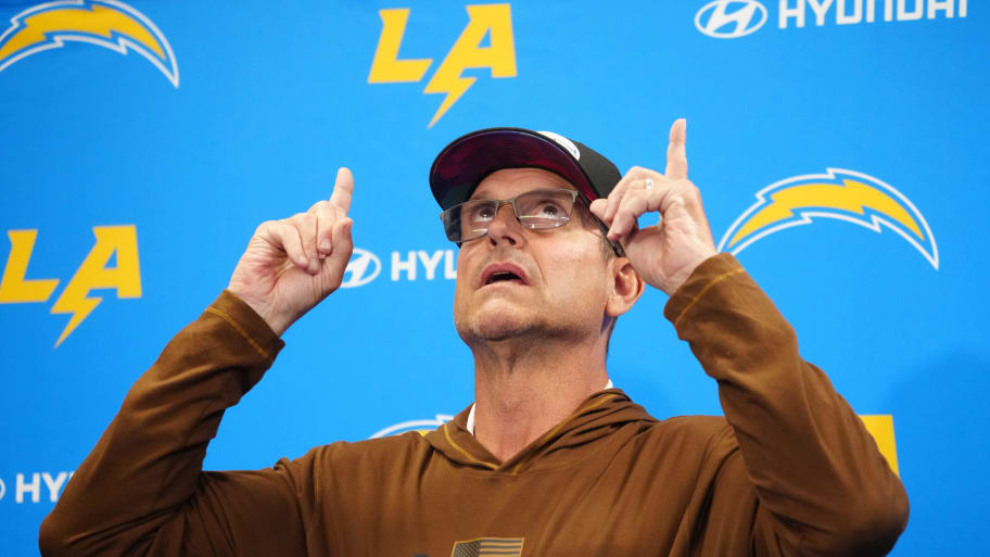 Jun 13, 2024; Costa Mesa, CA, USA; Los Angeles Chargers head coach Jim Harbaugh at a press conference during minicamp at the Hoag Performance Center.  Mandatory Credit: Kirby Lee-USA TODAY Sports | Kirby Lee-USA TODAY Sports