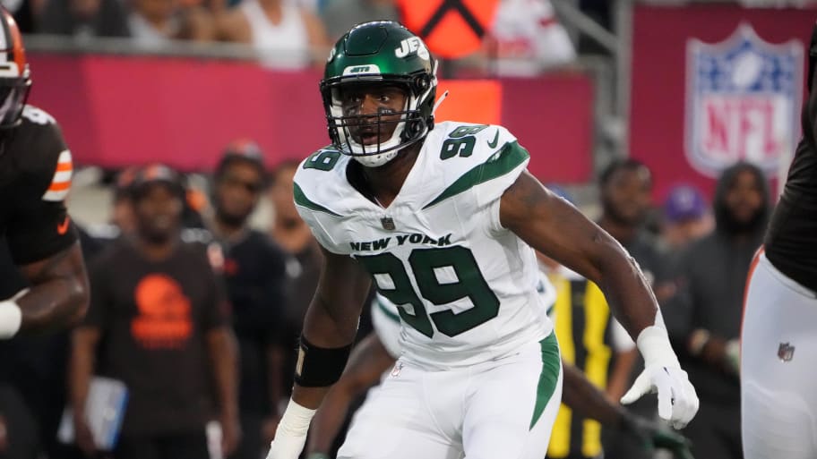 Aug 3, 2023; Canton, Ohio, USA; New York Jets defensive end Will McDonald IV (99) against the Cleveland Browns during the first half at Tom Benson Hall of Fame Stadium. | Kirby Lee-USA TODAY Sports