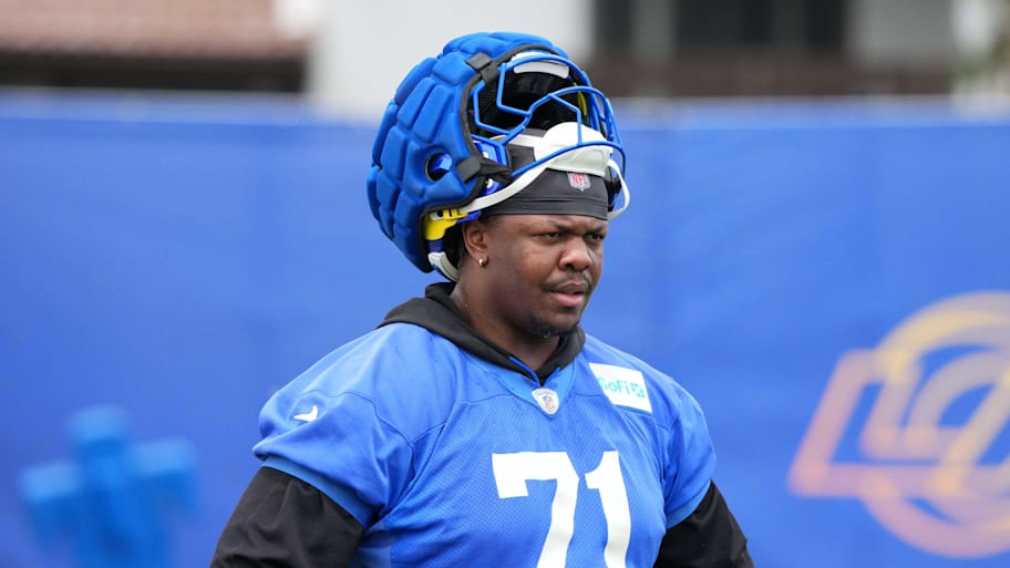 May 28, 2025; Woodland Hills, CA, USA; Los Angeles Rams lineman Warren McClendon Jr. (71) during organized team activities at Rams Practice Facility. Mandatory Credit: Kirby Lee-Imagn Images | Kirby Lee-Imagn Images