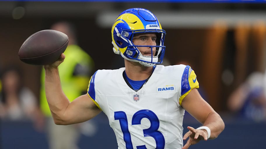 Aug 16, 2025; Inglewood, California, USA; Los Angeles Rams quarterback Stetson Bennett IV (13) throws in the second half against the Los Angeles Chargers at SoFi Stadium. Mandatory Credit: Kirby Lee-Imagn Images | Kirby Lee-Imagn Images