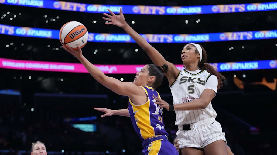 Kelsey Plum shoots the ball while Angel Reese defends her in 2025. | Kirby Lee-Imagn Images