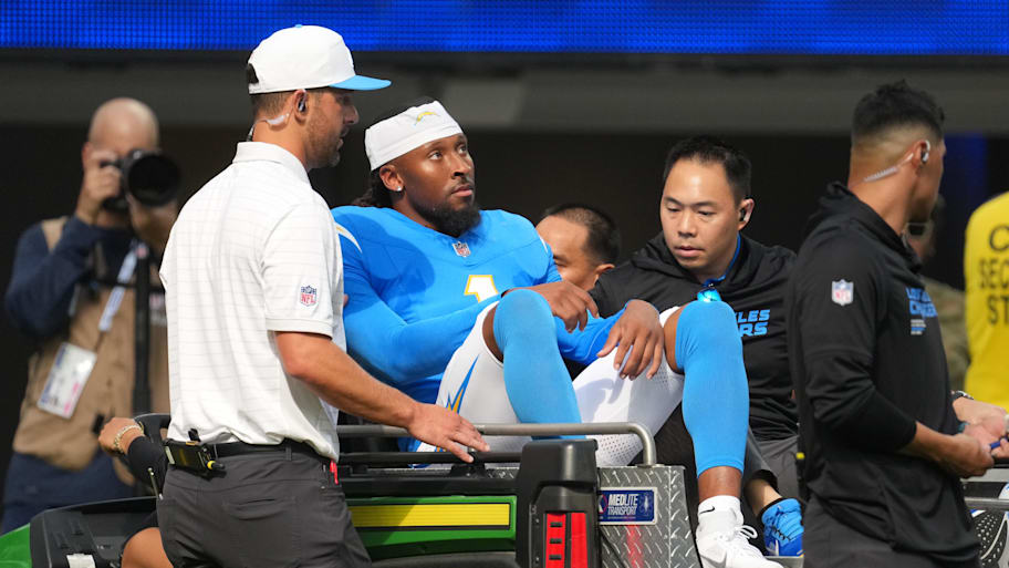 Chargers wide receiver Quentin Johnston was carted off the field after suffering a head injury in Saturday's loss. | Kirby Lee-Imagn Images