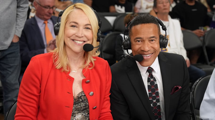 ESPN analyst Doris Burke and play-by-play announcer Mark Jones pose during game three of the 2023 NBA playoffs.