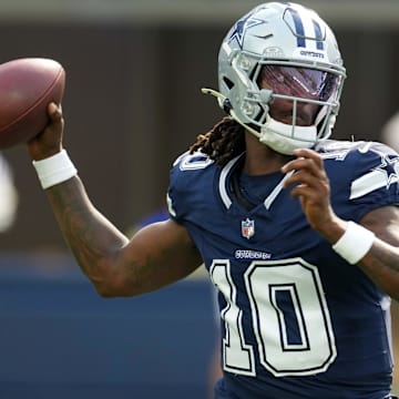 Aug 9, 2025; Inglewood, California, USA; Dallas Cowboys quarterback Joe Milton III (10) throws the ball against the Los Angeles Rams in the first half at SoFi Stadium. Mandatory Credit: Kirby Lee-Imagn Images