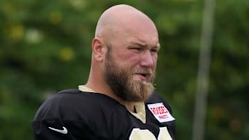 Aug 14, 2025; Carson, CA, USA; New Orleans Saints guard Mike Panasiuk (61) during a joint practice against the Los Angeles Rams at the Dignity Health Sports Park. Mandatory Credit: Kirby Lee-Imagn Images