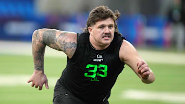Mar 2, 2025; Indianapolis, IN, USA; Georgia offensive lineman Tate Ratledge (OL33) during the 2025 NFL Scouting Combine at Lucas Oil Stadium. Mandatory Credit: Kirby Lee-Imagn Images