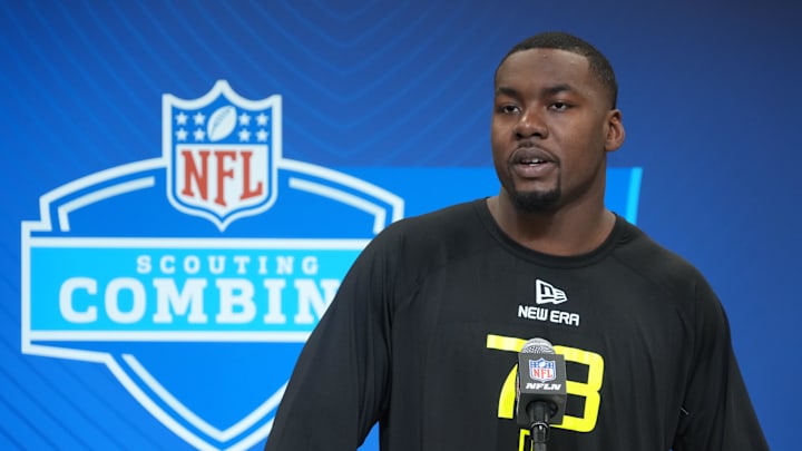 Feb 26, 2025; Indianapolis, IN, USA; Georgia defensive lineman Mykel Williams (DL73) during the 2025 NFL Scouting Combine at the Indiana Convention Center. Kirby Lee-Imagn Images