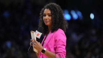 Mar 12, 2023; Los Angeles, California, USA; ESPN sideline reporter Malika Andrews during the game between the Los Angeles Lakers and the New York Knicks at Crypto.com Arena. Mandatory Credit: Kirby Lee-USA TODAY Sports